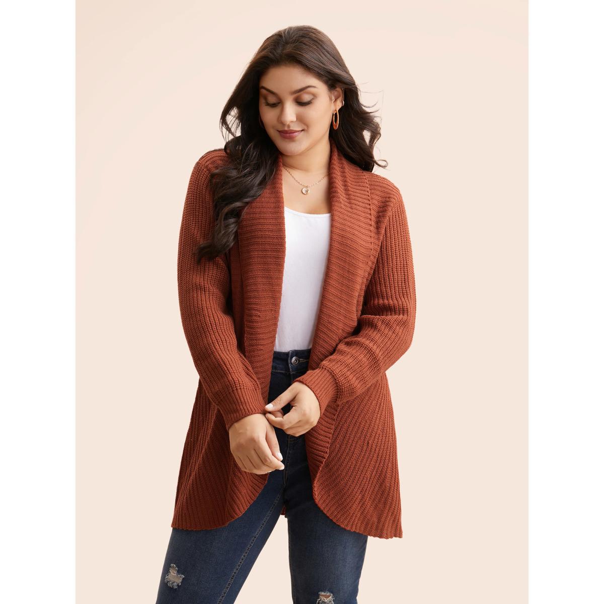Plus Size Kimono Collar Texture Cable Knit Cardigan Russet Women Casual Loose Long Sleeve Everyday Cardigans BloomChic 30/6X Product Image