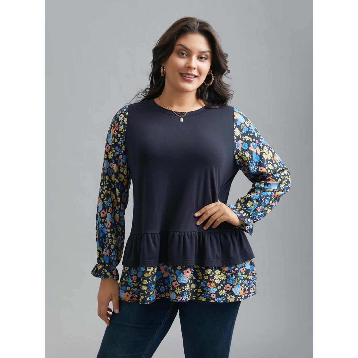 Plus Size Floral Spliced Tiered Hem T-Shirt Indigo Women Elegant Contrast Natural Flowers Round Neck Everyday T-shirts BloomChic 30/6X Product Image