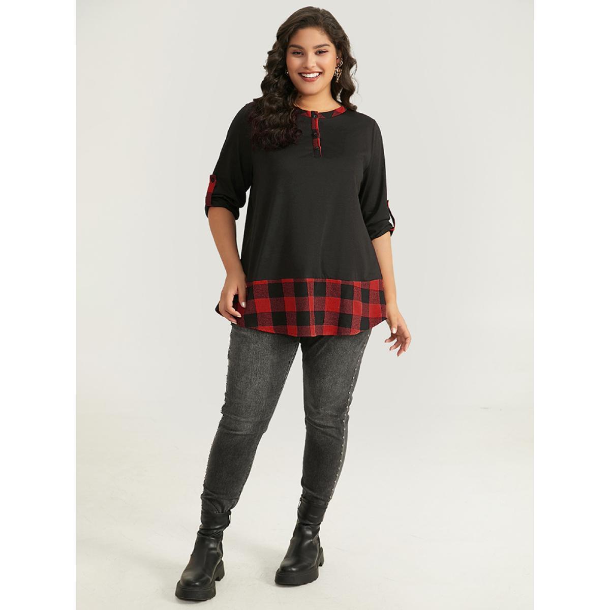 Plus Size Halloween Gingham Patchwork Notched Button Up Arc Hem T-shirt Red Women Casual Contrast Plaid Round Neck Festival-Halloween T-shirts BloomChic 30/6X Product Image