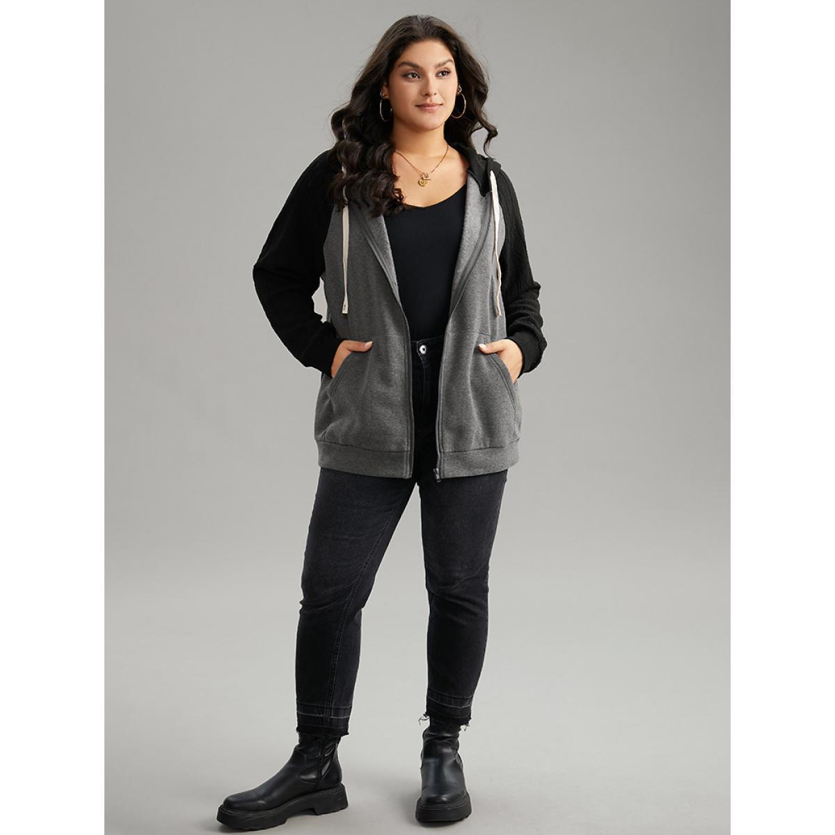 Plus Size Two Tone Textured Jacquard Hooded Jacket Women DimGray Contrast Pocket Dailywear Jackets BloomChic 10/M Product Image