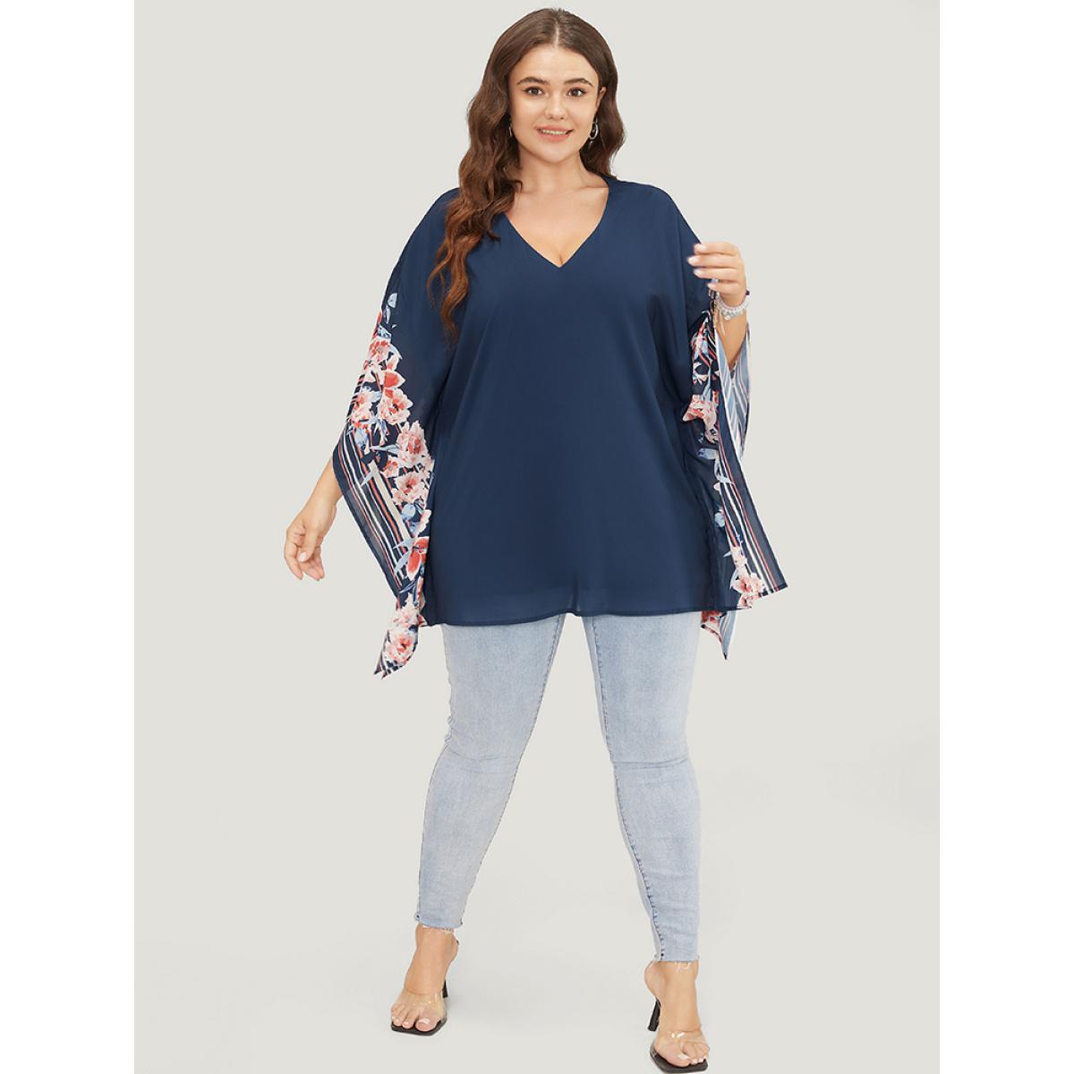 Plus Size Indigo Floral Print Asymmetrical Dolman Sleeve Blouse Women Elegant Short sleeve V-neck Dailywear Blouses BloomChic 14-16/1X Product Image