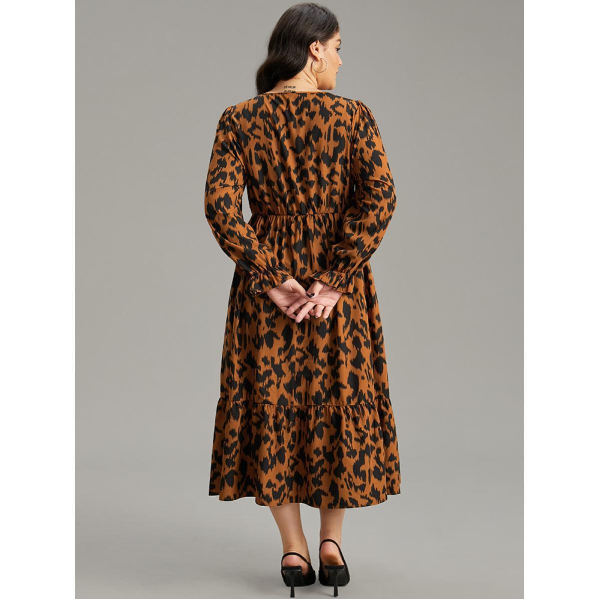 Plus Size Overlap Collar Leopard Gathered Ruffles Dress Chocolate Women Office Wrap Overlap Collar Long Sleeve Curvy Midi Dress BloomChic 28/5X Product Image