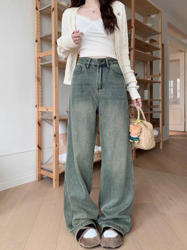 High Rise Fleece-Lined Washed Wide Leg Jeans Product Image