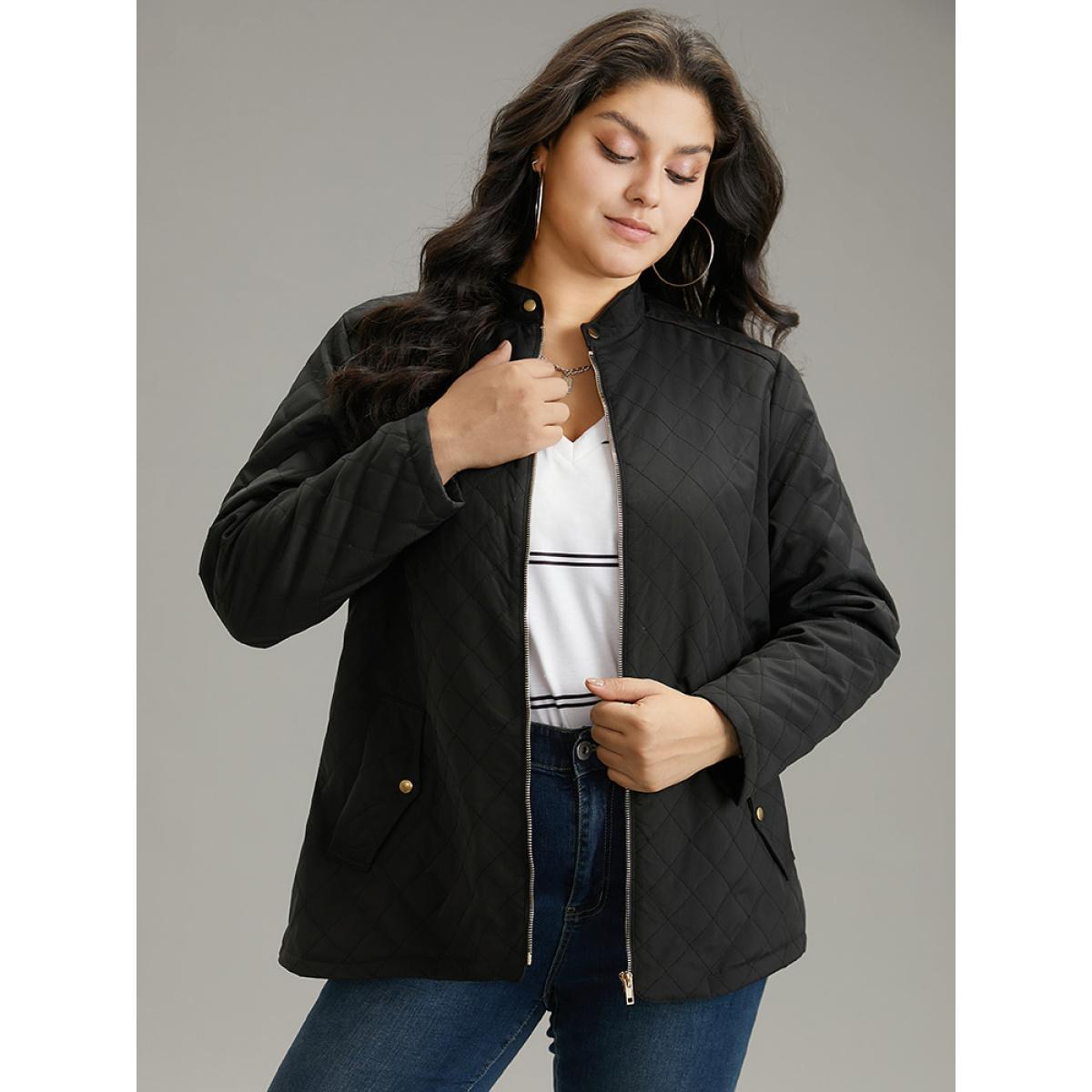 Plus Size Plain Quilted Zipper Button Detail Jacket Women Black Casual Plain Ladies Dailywear Winter Coats BloomChic 18-20/2X Product Image