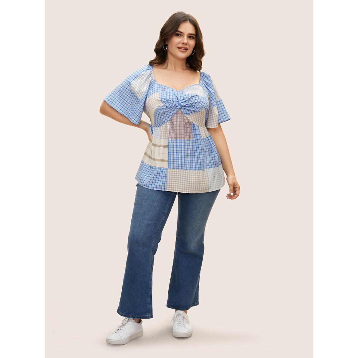 Plus Size Multicolor Heart Neckline Contrast Gingham Twist Front Blouse Women Casual Short sleeve Heart neckline Everyday Blouses BloomChic 22-24/3X Product Image