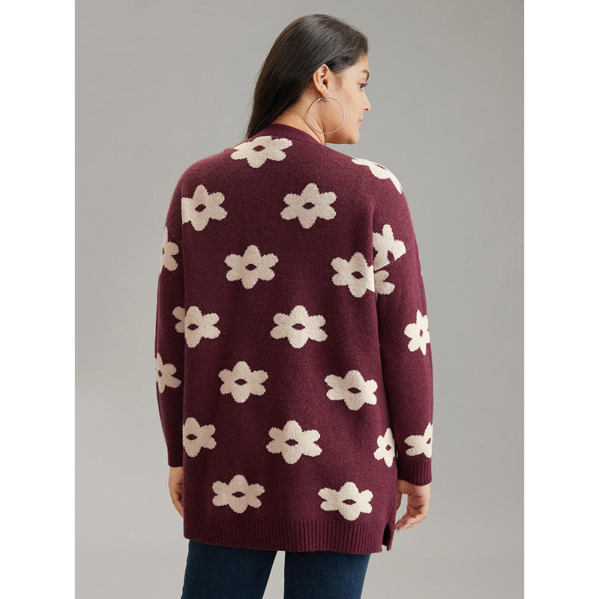 Plus Size Floral Two Tone Open Front Cardigan Burgundy Women Casual Loose Long Sleeve Dailywear Cardigans BloomChic 22-24/3X Product Image