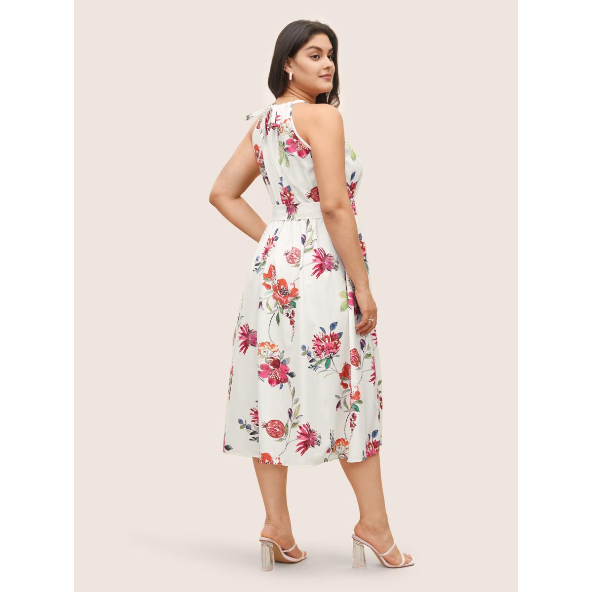 Plus Size Citrus Fruit Print Halter Belted Gathered Dress Originalwhite Women Elegant Non Halter neck Sleeveless Curvy Midi Dress BloomChic 12/L Product Image