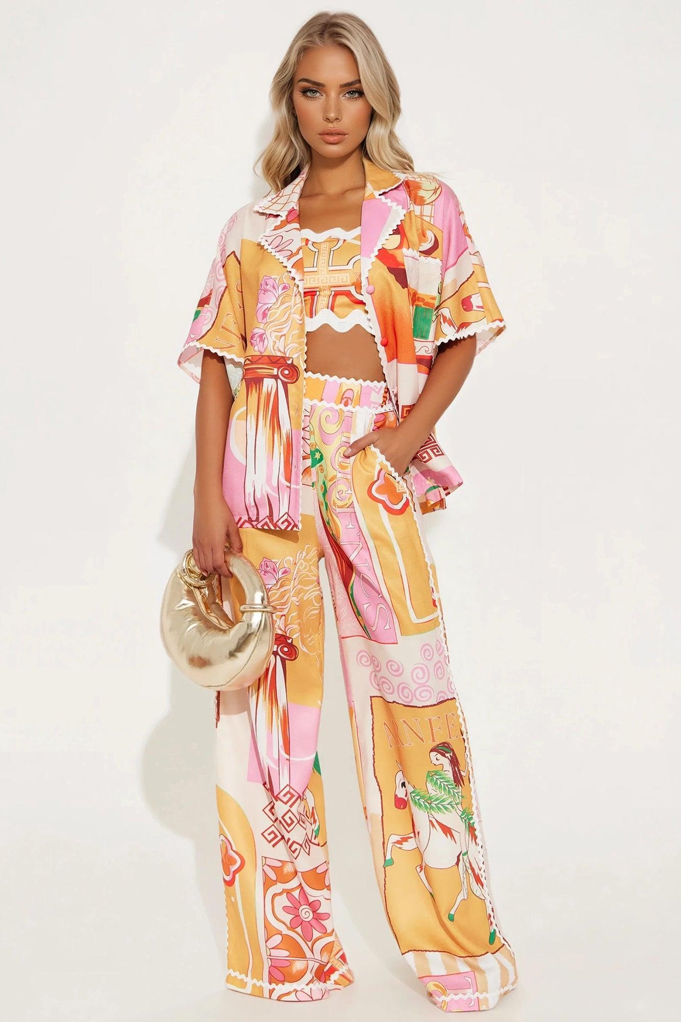 Vacay Vogue 3 Piece Pant Set - Orange/combo Product Image