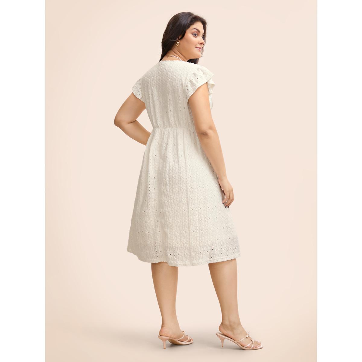 Plus Size Textured Button Detail Cap Sleeve Dress Ivory Women Elegant Texture V-neck Cap Sleeve Curvy BloomChic 26/4X Product Image
