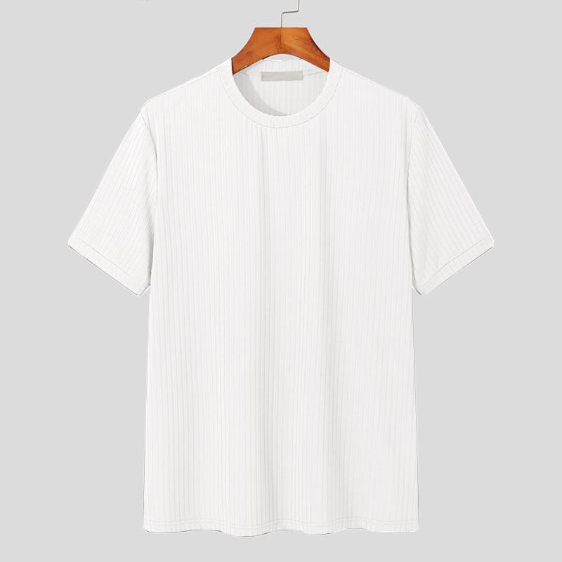 Short-Sleeve Round Neck Plain Ribbed T-Shirt Product Image