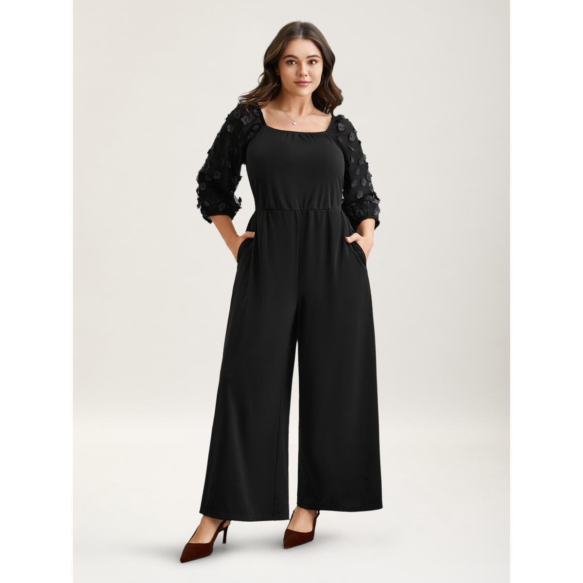 Plus Size Black Floral Mesh Sleeve Pockets Straight-Leg Jumpsuit Women Elegant Elbow-length sleeve Square Neck Everyday-Elegant Loose Jumpsuits BloomChic 26/4X Product Image