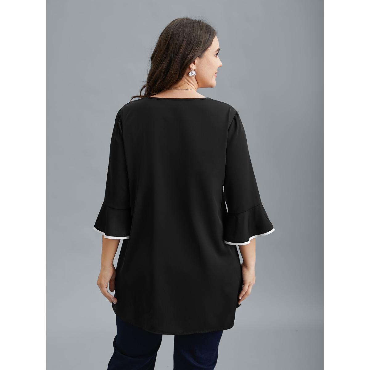 Plus Size Black Color-Block Spliced Ruffled Overlap Hem Blouse Women At the Office Elbow-length sleeve V-neck Work Blouses BloomChic 30/6X Product Image