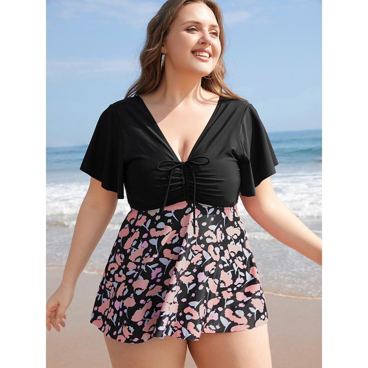 Plus Size Floral Patchwork Drawstring Ruffle Sleeve Tankini Top Women's Swimwear Black Vacation Adjustable Straps High stretch Bodycon V-neck Curve Swim Tops BloomChic 30/6X Product Image