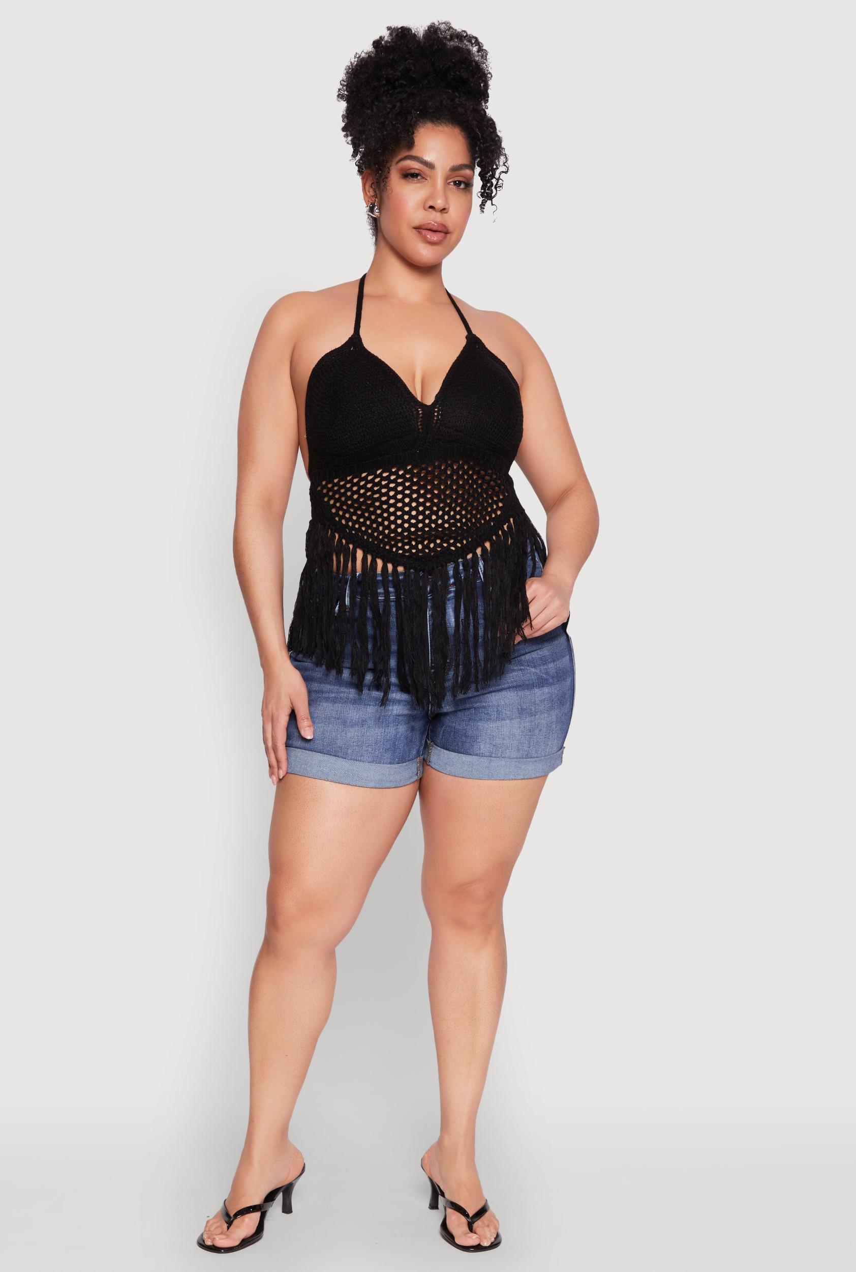 Womens Plus Size Tie Back Crochet Fringe Halter Top Product Image