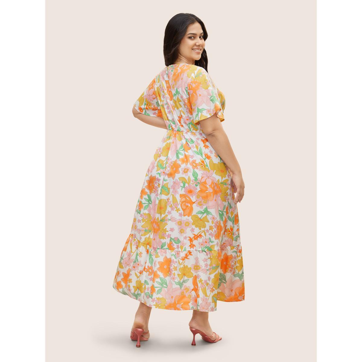 Plus Size V Neck Floral Drawstring Maxi Dress Multicolor Women Elegant Drawstring V-neck Short sleeve Curvy BloomChic 14-16/1X Product Image
