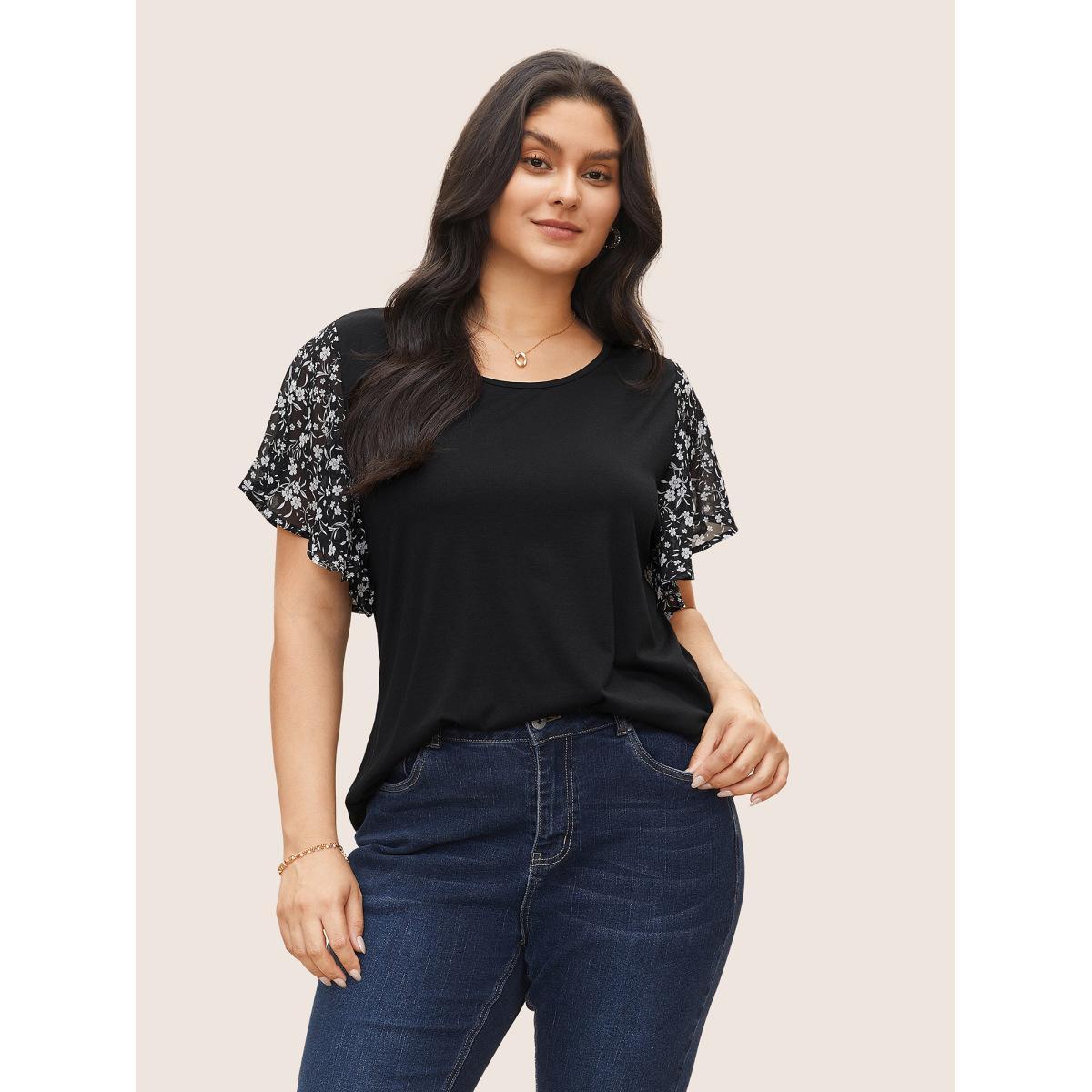 Plus Size Ditsy Floral Ruffle Sleeve Round Neck T-shirt Black Women Elegant Ditsy Floral Everyday T-shirts BloomChic 18-20/2X Product Image