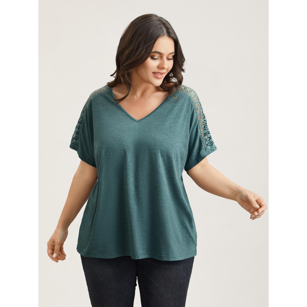 Plus Size Lace Sleeve V-Neck T-Shirt Cyan Women Casual See through V-neck Everyday T-shirts BloomChic 22-24/3X Product Image
