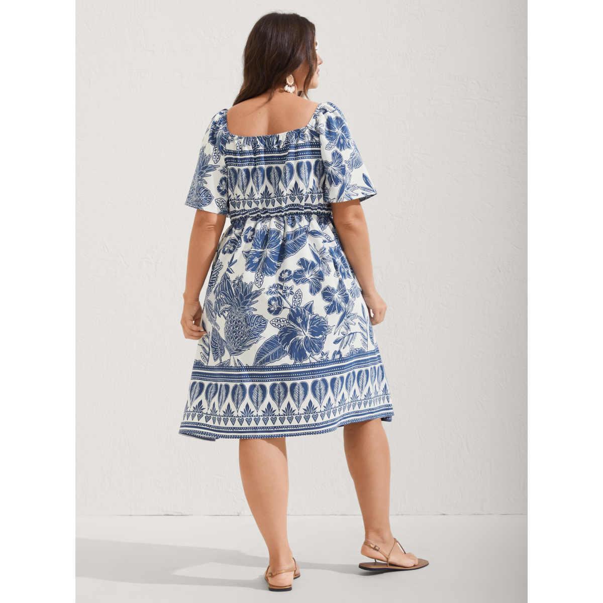 Plus Size Boho Print Fit Flare Pockets Midi Dress DarkBlue Women Resort Non Heart neckline Short sleeve Curvy BloomChic 30/6X Product Image