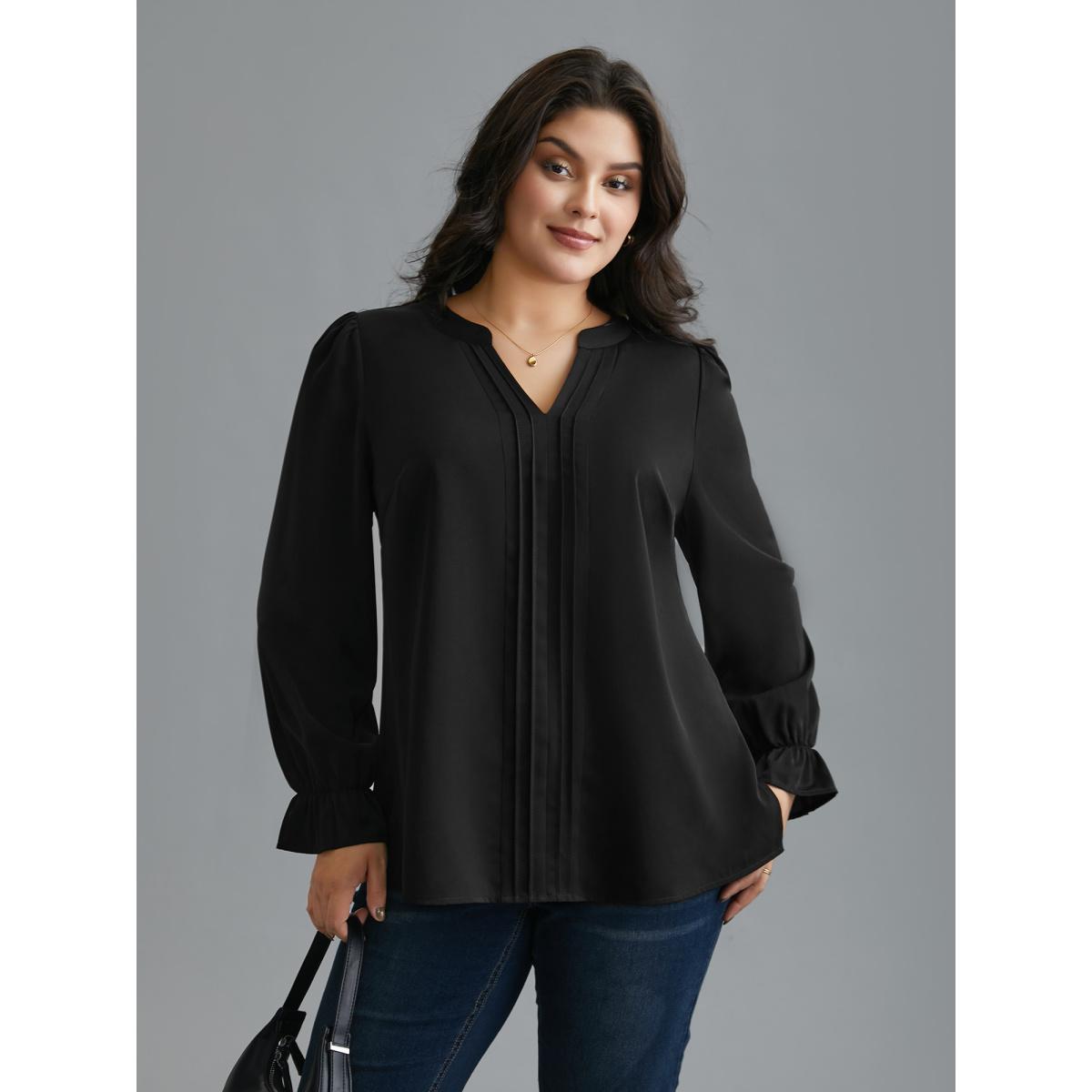 Plus Size Black Notched Collar Pleated Lantern Sleeve Blouse Women At the Office Long Sleeve Notched collar Work Blouses BloomChic 28/5X Product Image