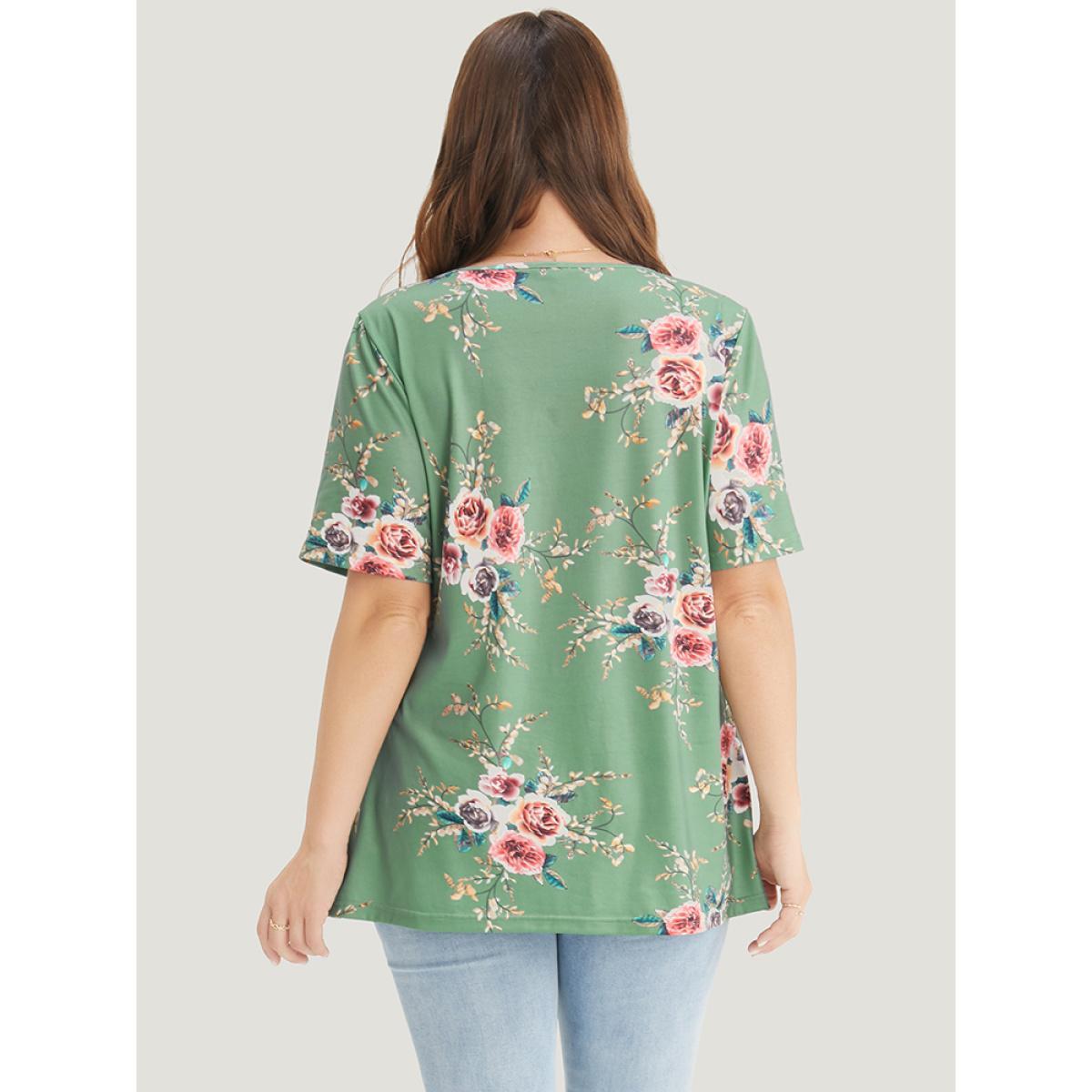 Plus Size Floral Print Button Detail Pleated V Neck T-shirt Sage Women Casual Floral V-neck Dailywear T-shirts BloomChic 12/L Product Image