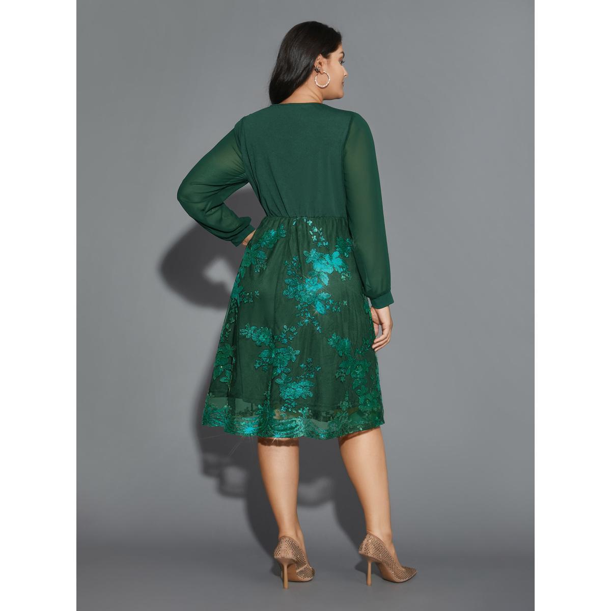 Plus Size Sequin Overlap Collar Sheer Sleeve Lined Dress DarkGreen Women Cocktail Texture Party Curvy Bloomchic 12/L Product Image