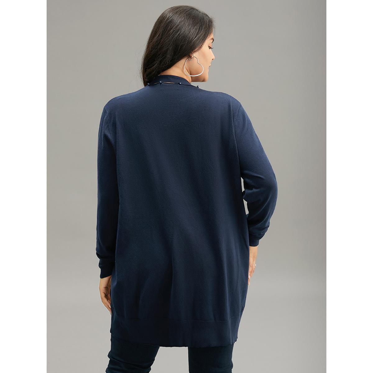 Plus Size Supersoft Essentials Plain Hollow Out Pearl Beaded Open Front Cardigan Indigo Women Casual Loose Long Sleeve Dailywear Cardigans BloomChic 14-16/1X Product Image