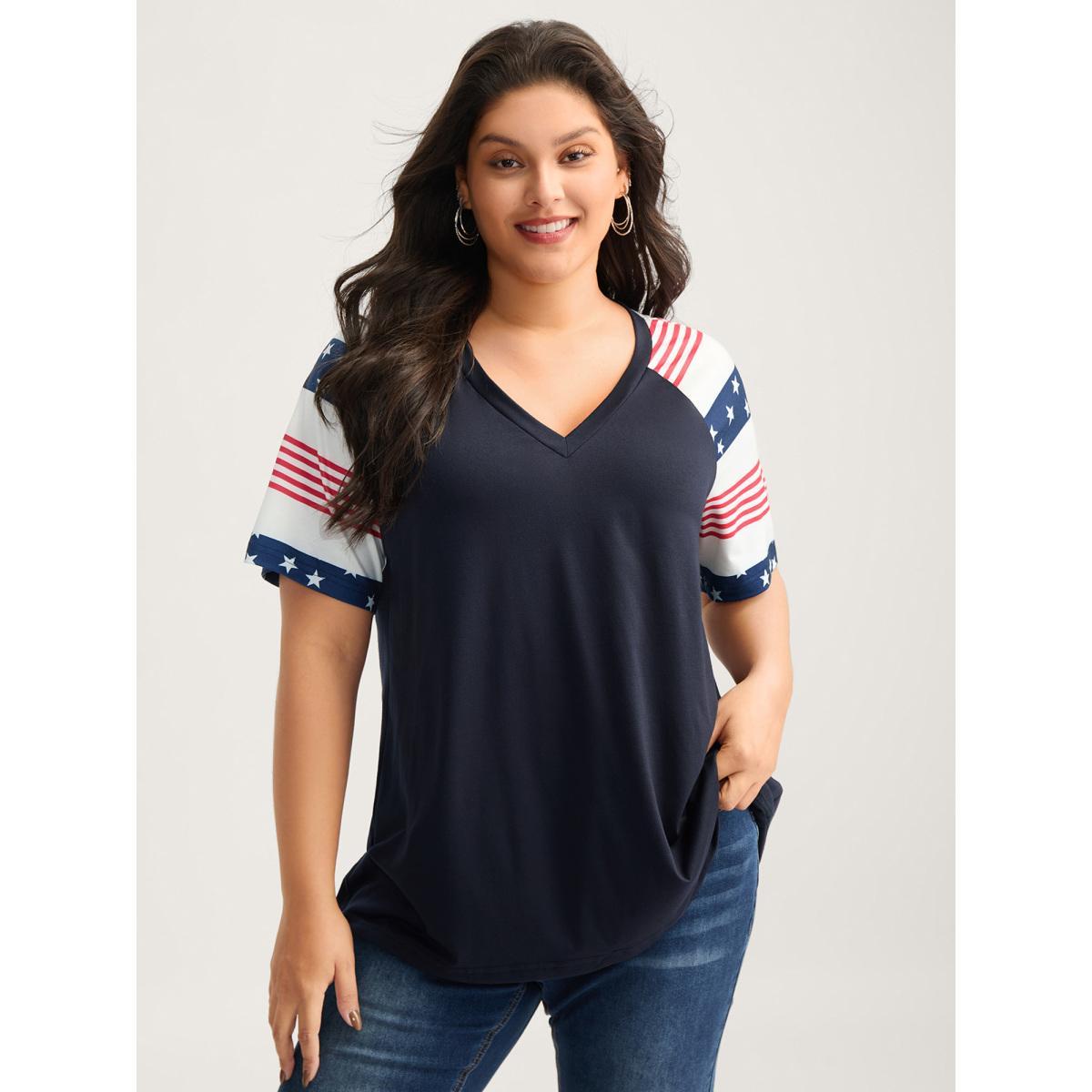 Plus Size Stars and Stripes Raglan T-Shirt Navy Women Round Neck Everyday-Casual T-shirts BloomChic 28/5X Product Image