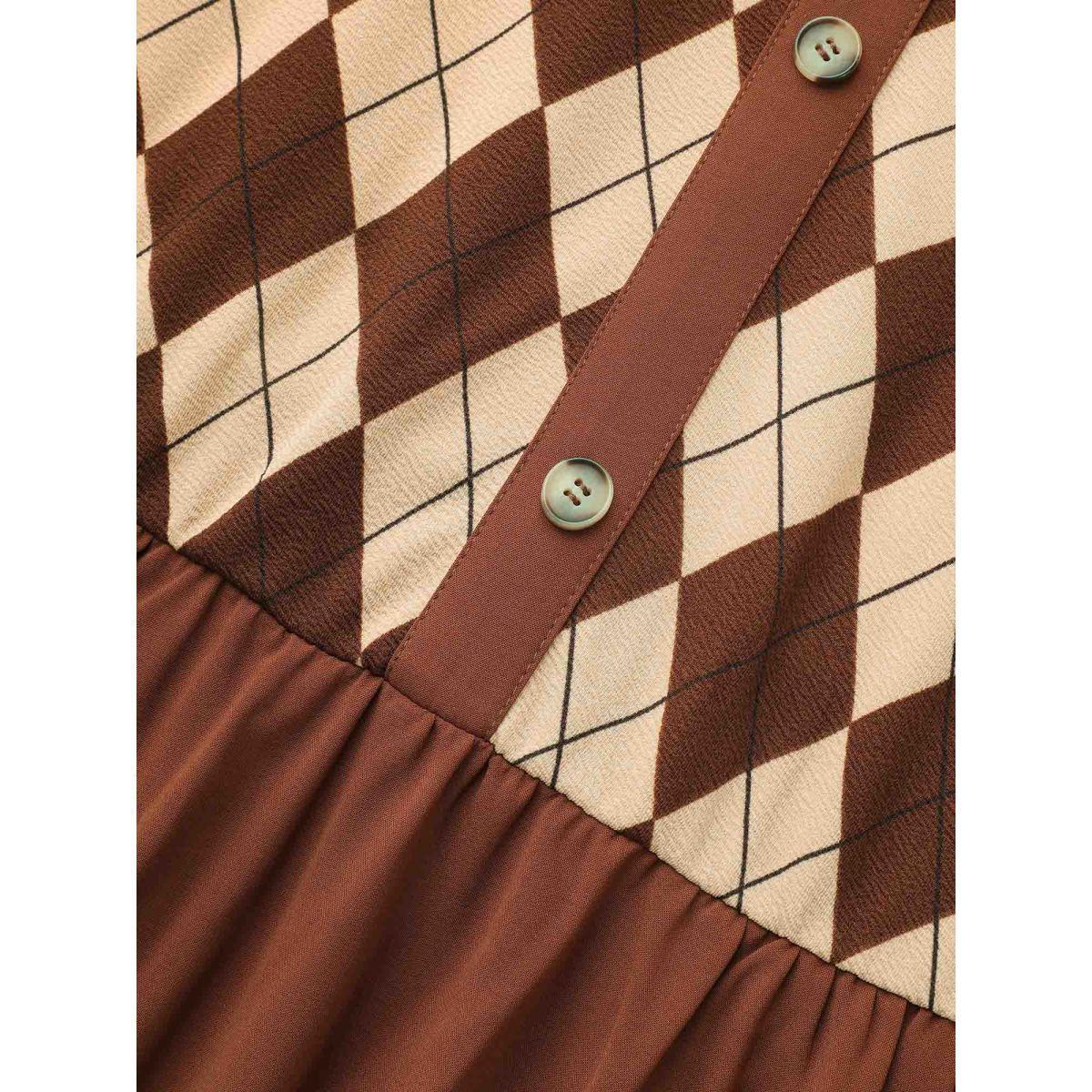 Plus Size Geometric Crew Neck Button Detail Dress Browncoffeecolor Women Elegant Patchwork Round Neck Long Sleeve Curvy BloomChic 28/5X Product Image