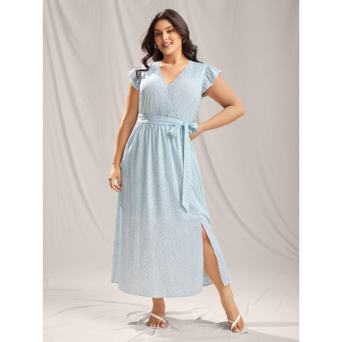 Plus Size Floral Print Slit Belted Maxi Dress LightBlue Women Overlap Collar Cap Sleeve Curvy BloomChic 22-24/3X Product Image