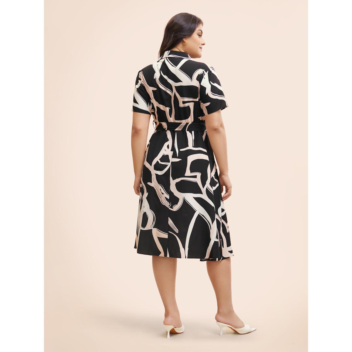 Plus Size Geometric Shirt Collar Belted Midi Dress Black Women At the Office Belted Shirt collar Short sleeve Curvy BloomChic 14-16/1X Product Image