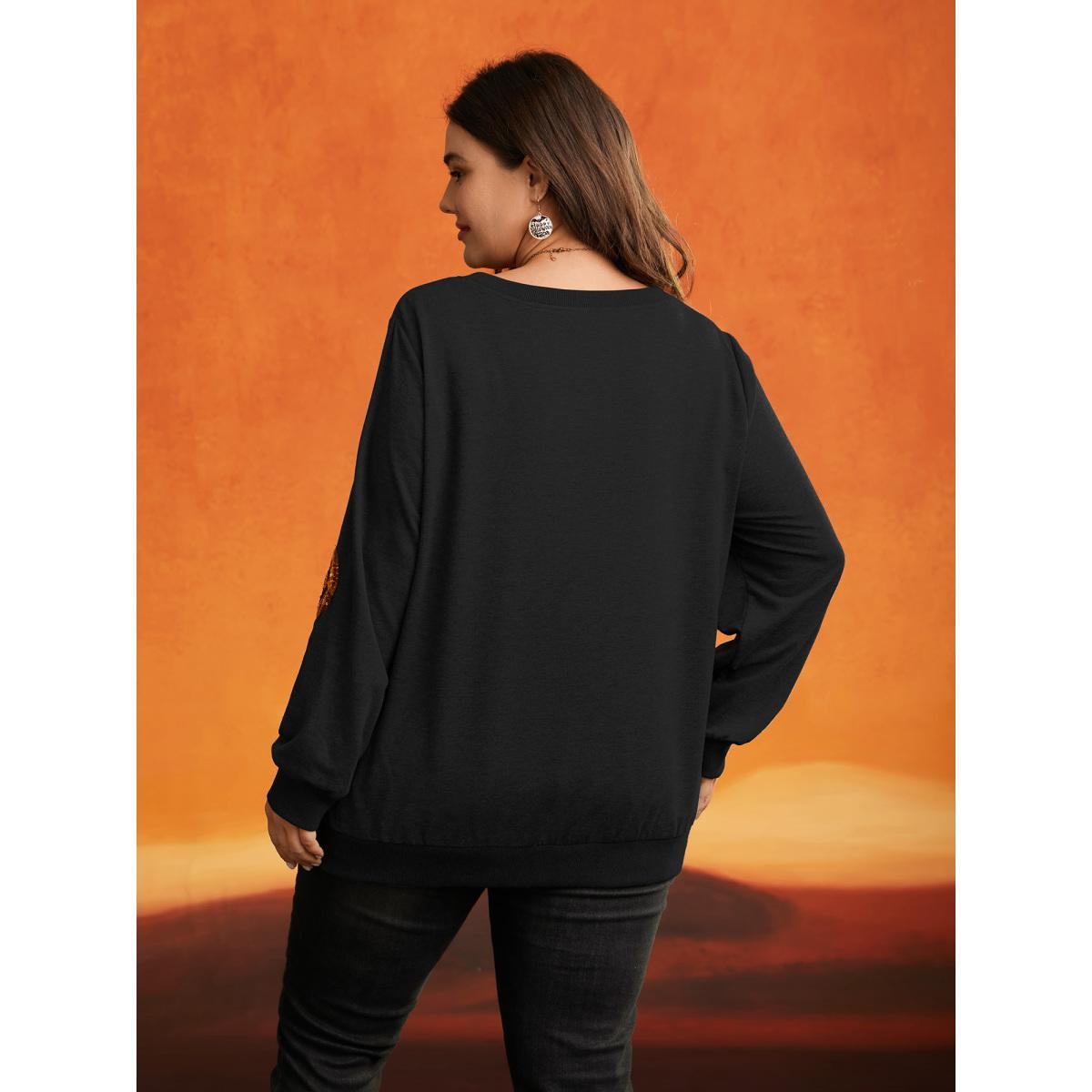 Plus Size Jack-O-Lantern Sequin Sweatshirt Women Black Casual Contrast Loose Round Neck Everyday Sweatshirts BloomChic 26/4X Product Image
