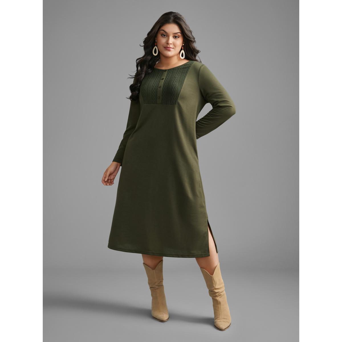 Plus Size Textured Patchwork Button Detail Midi Dress Sage Women Casual Texture Round Neck Long Sleeve Curvy BloomChic 30/6X Product Image