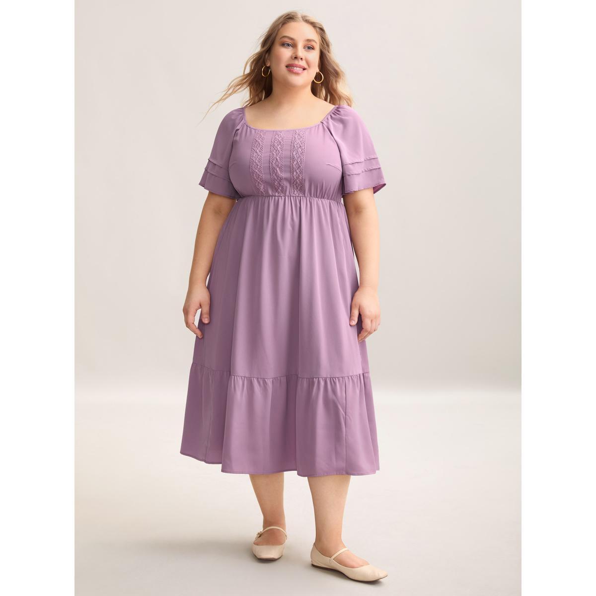 Plus Size Lace Trim Pockets Stretchy Waist Tiered Dress Heather Women Elegant Tucked seam Square Neck Short sleeve Curvy BloomChic 10/M Product Image