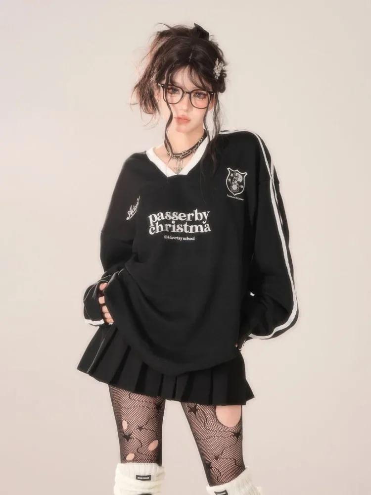 Long Sleeve V-Neck Contrast-Trim Lettering Print Striped Loose-Fit Pullover Product Image