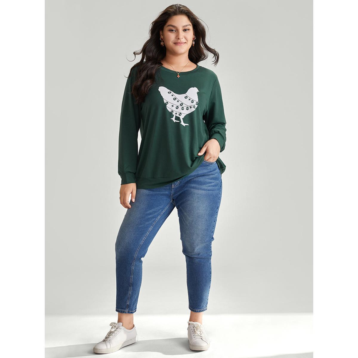 Plus Size Christmas Animal Print Crew Neck Sweatshirt Women DarkGreen Casual Printed Festival-Christmas Sweatshirts BloomChic 18-20/2X Product Image