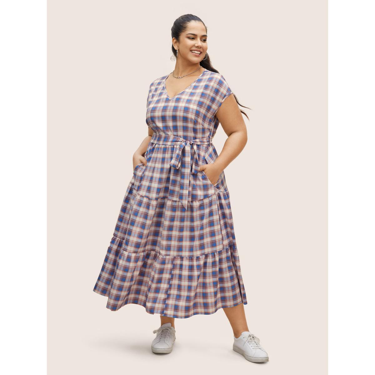 Plus Size V Neck Gingham Cap Sleeve Belted Dress Skyblue Women Casual Tiered V-neck Sleeveless Curvy BloomChic 26/4X Product Image