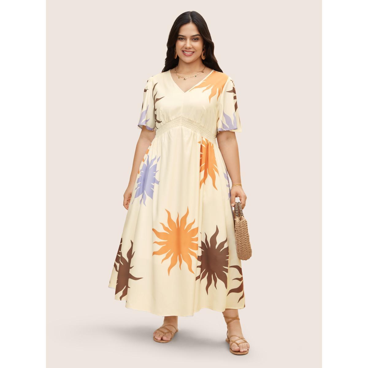 Plus Size Sun Print Shirred Ruffle Sleeve Dress WhiteSmoke Women Resort Shirred V-neck Short sleeve Curvy BloomChic 22-24/3X Product Image