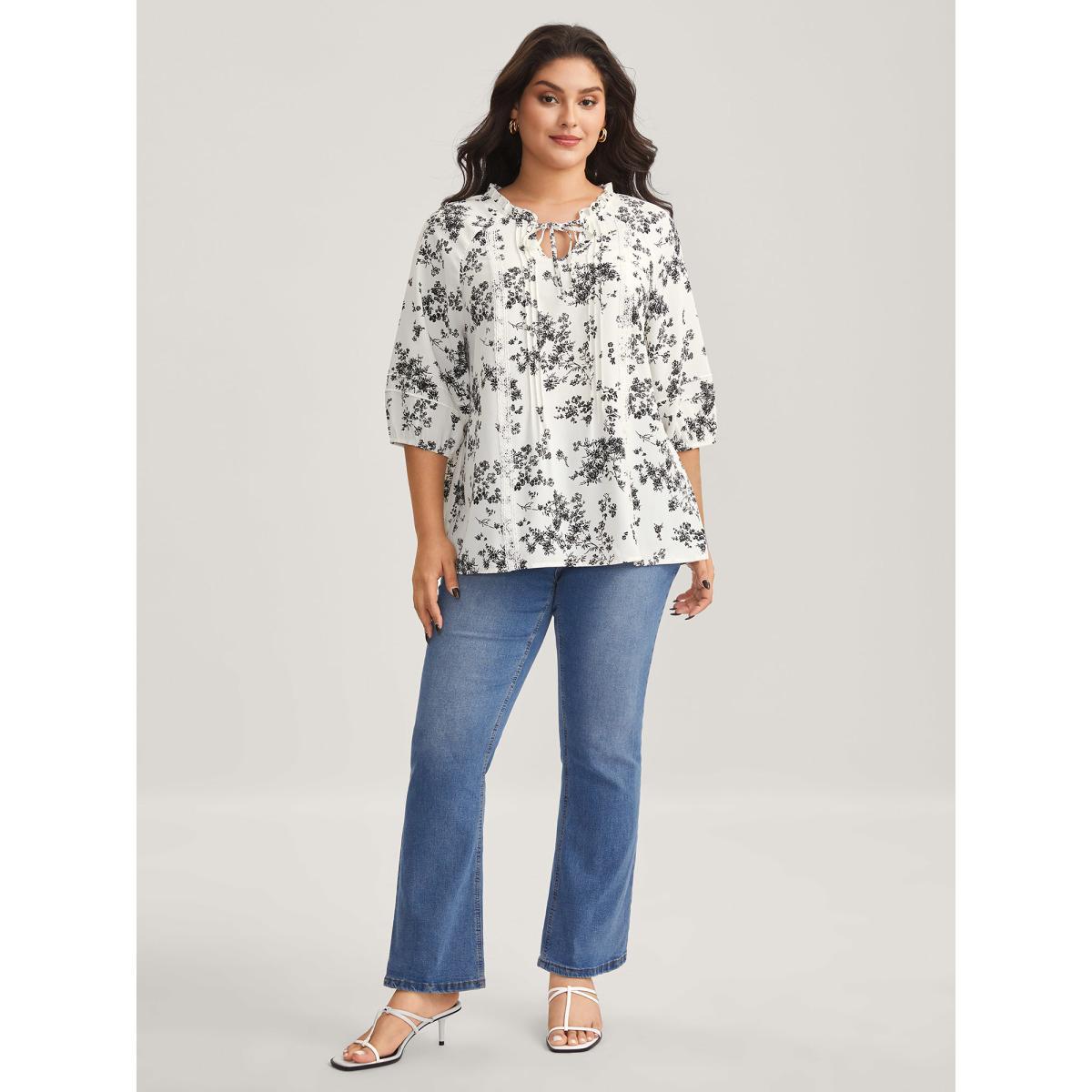 Plus Size Originalwhite Floral Print Plicated Detail Blouse Women Elbow-length sleeve Notched collar Everyday-Elegant Blouses BloomChic 10/M Product Image