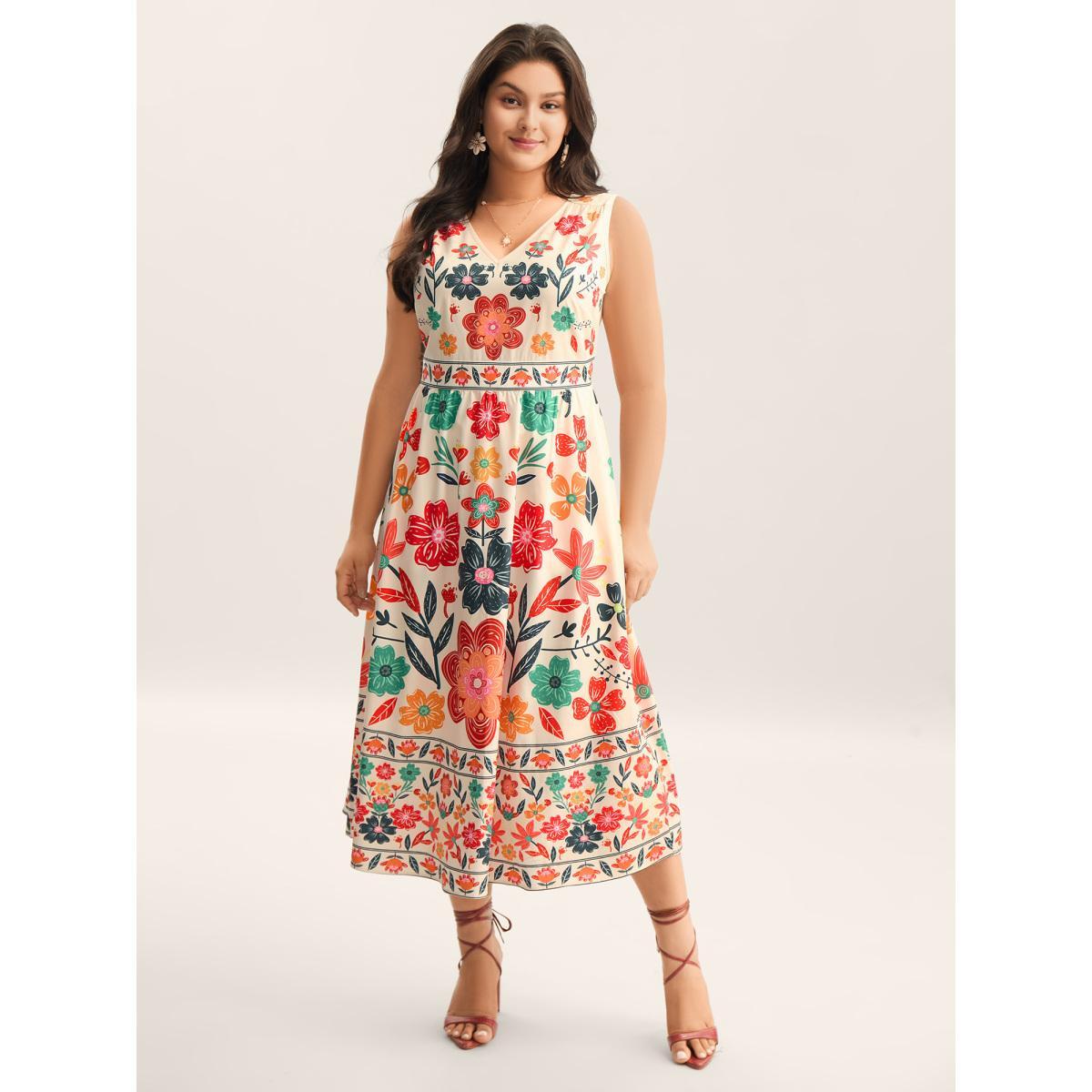 Plus Size Floral Drama Cinched-Waist Maxi Dress Multicolor Women V-neck Sleeveless Curvy BloomChic 30/6X Product Image