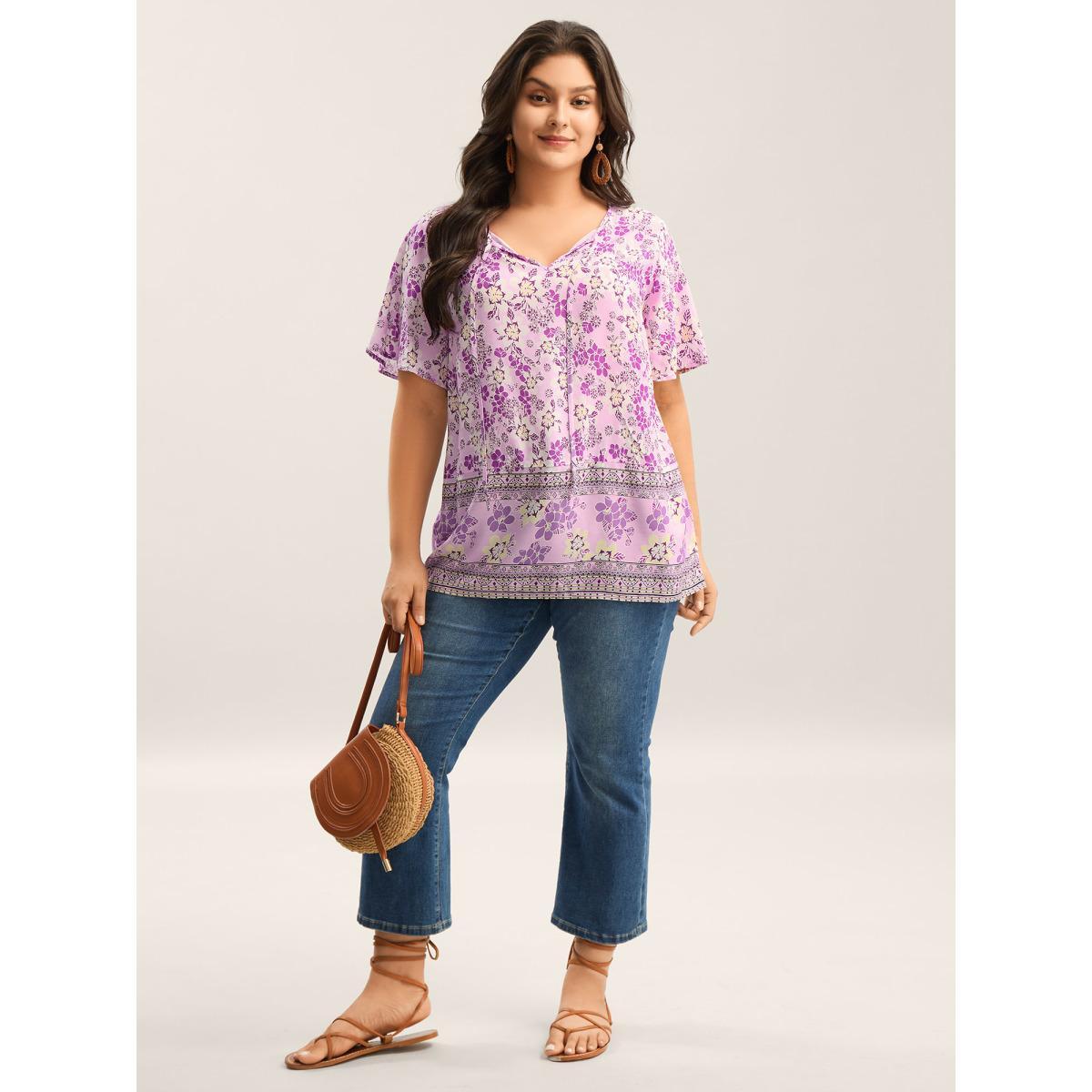 Plus Size Lilac Floral Print Neck Tie Flowy Blouse Women Short sleeve Notched collar Vacation Blouses BloomChic 22-24/3X Product Image