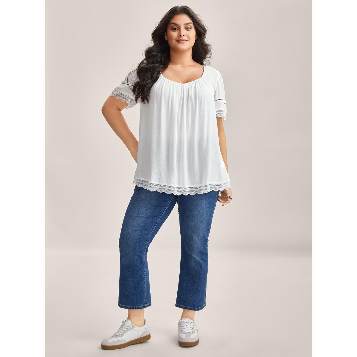 Plus Size WhiteSmoke Rayon Flowy Lace Trim Solid Blouse Women Short sleeve Heart neckline Everyday-Casual Blouses BloomChic 22-24/3X Product Image