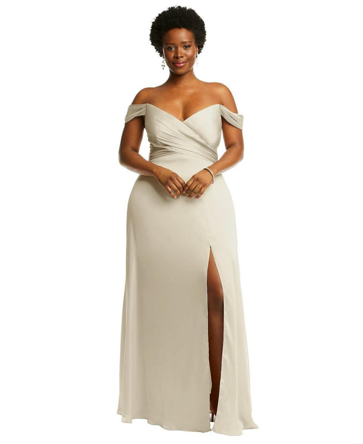 Womens Off-the-Shoulder Flounce Sleeve Empire Waist Gown with Front Slit Product Image