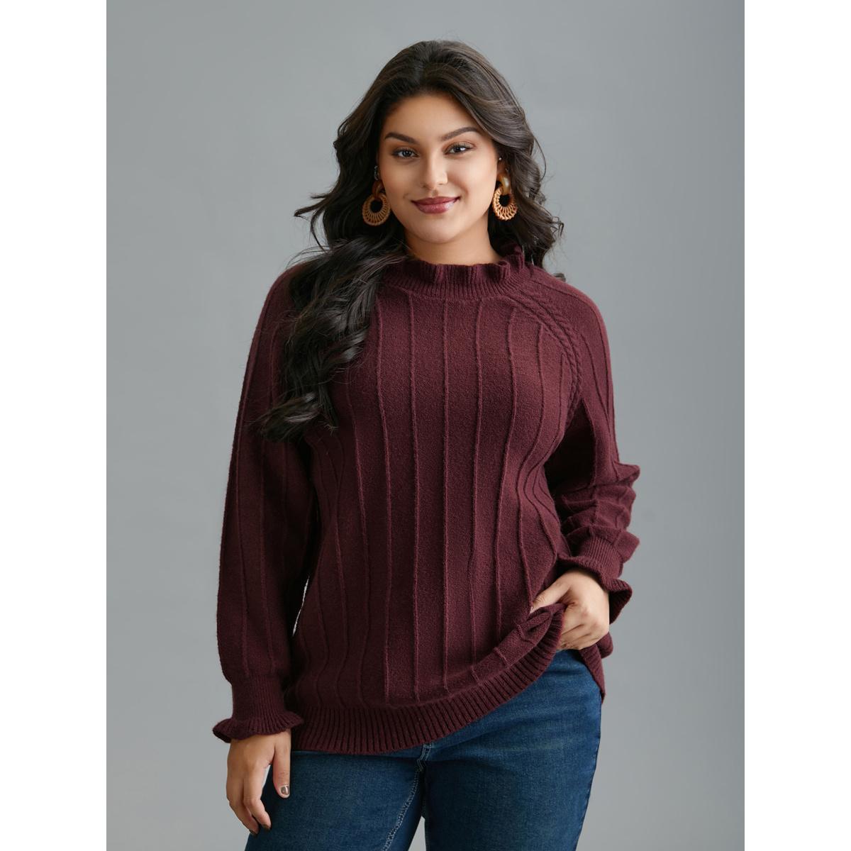 Plus Size Supersoft Essentials Ruffles Neck Raglan Sleeve Pullover Deeppurplered Women Casual Loose Long Sleeve Round Neck Everyday Pullovers BloomChic 14-16/1X Product Image