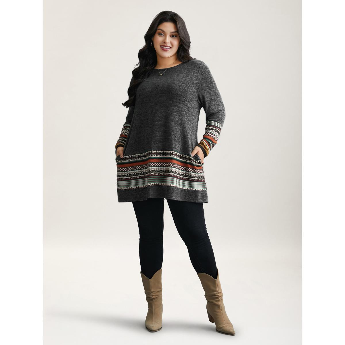 Plus Size Tunic Boho Print Pocket T-shirt DimGray Women Casual Contrast Round Neck Loose Everyday T-shirts BloomChic 30/6X Product Image