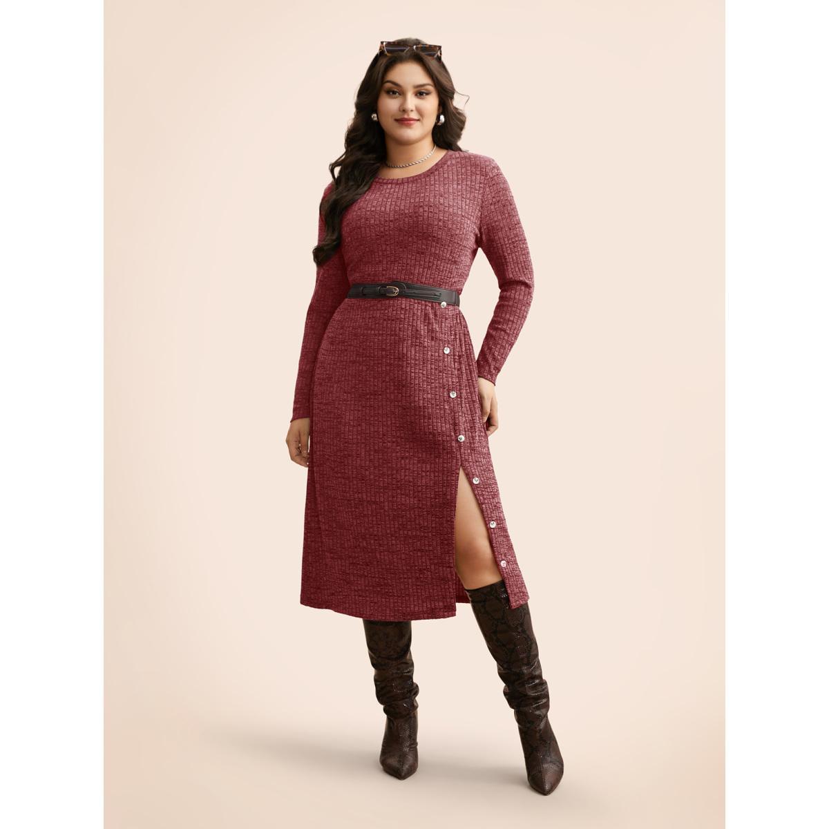 Plus Size Crew Neck Button Detail Split Hem Dress Burgundy Women Casual Texture Round Neck Long Sleeve Curvy BloomChic 26/4X Product Image