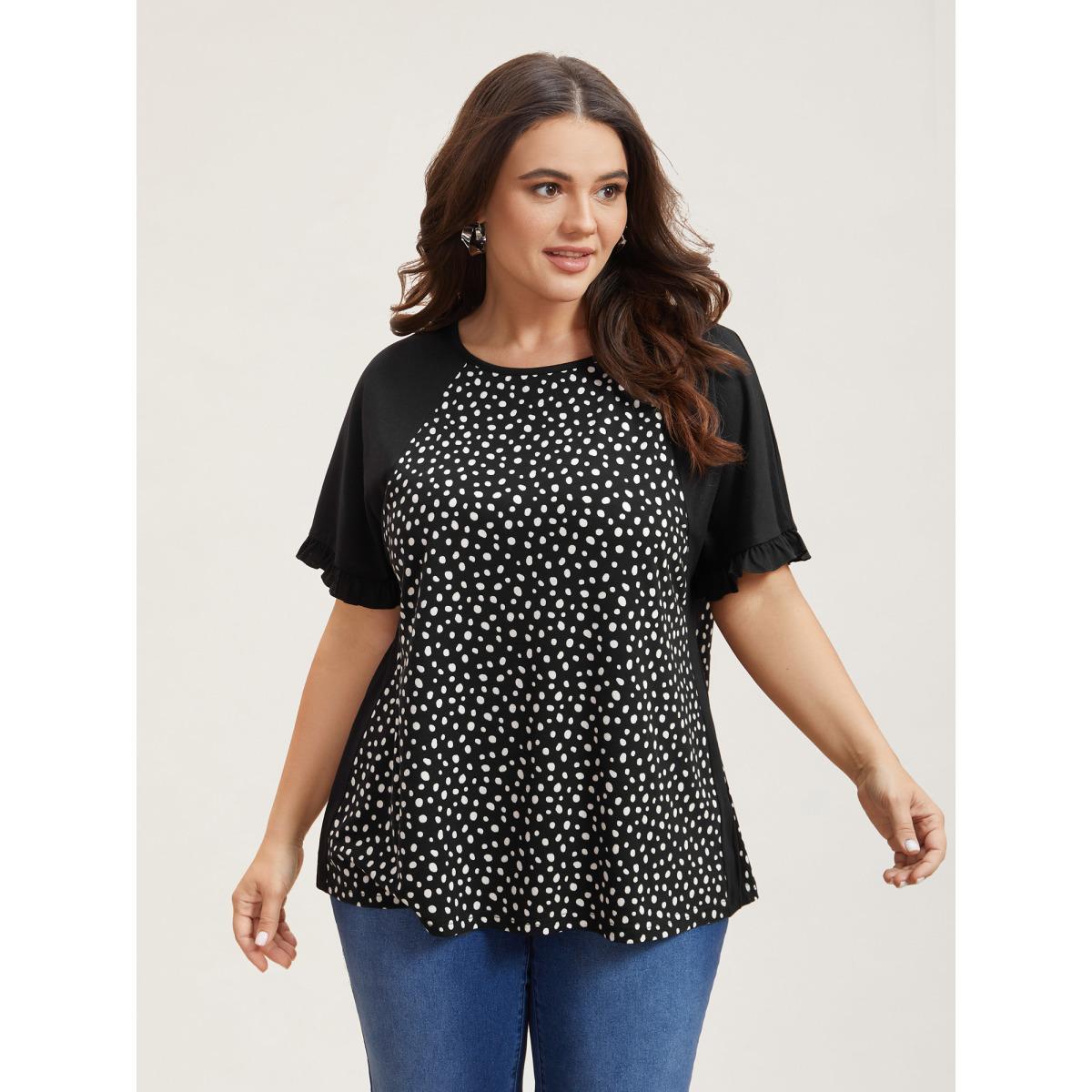 Plus Size Printed Spliced Raglan Sleeve Ruffled T-Shirt Black Women Casual Contrast Round Neck Everyday T-shirts BloomChic 28/5X Product Image