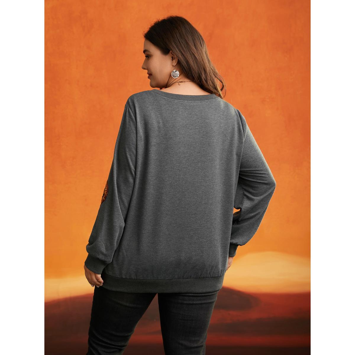 Plus Size Jack-O-Lantern Sequin Sweatshirt Women DimGray Casual Contrast Loose Round Neck Everyday Sweatshirts BloomChic 10/M Product Image