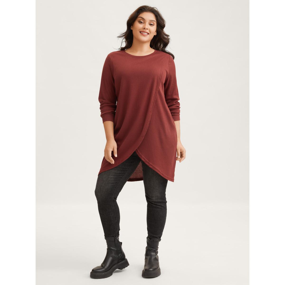 Plus Size Solid Waffle Knit Overlap Hem T-shirt Rust Women Casual Overlapping Round Neck Everyday T-shirts BloomChic 28/5X Product Image