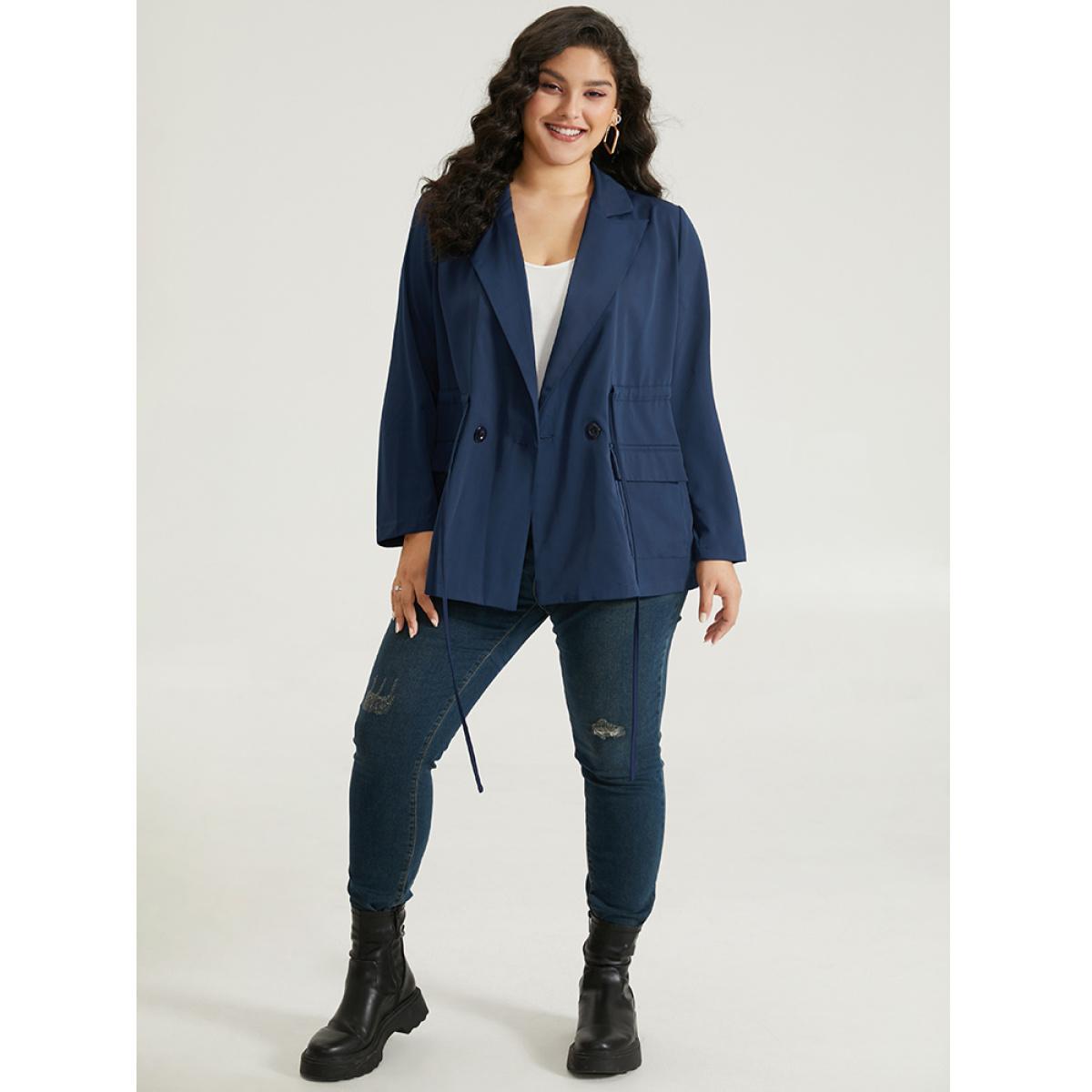 Plus Size Button Up Drawstring Pocket Blazer Indigo Women Work Plain Plain Sleeve Long Sleeve Lapel Collar 26/4X Pocket At the Office Blazers BloomChic Product Image