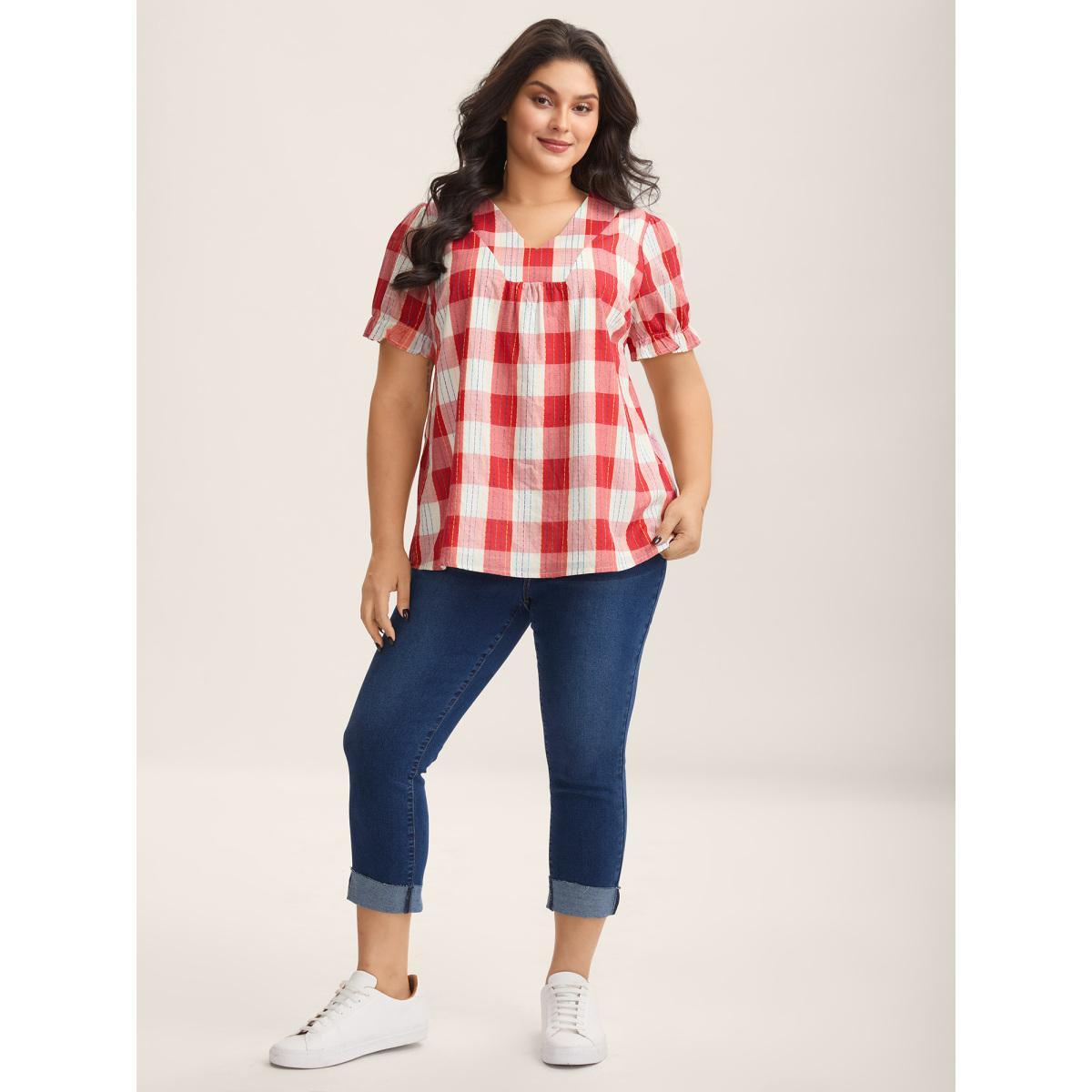 Plus Size Multicolor Cotton Plaid Print V-Neck Puffy Sleeve Blouse Women Short sleeve V-neck Everyday-Casual Blouses BloomChic 22-24/3X Product Image